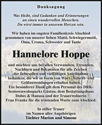 Traueranzeige von Hannelore Hoppe  von Magdeburger Volksstimme