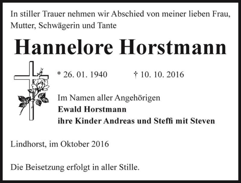  Traueranzeige für Hannelore Horstmann  vom 14.10.2016 aus Magdeburger Volksstimme