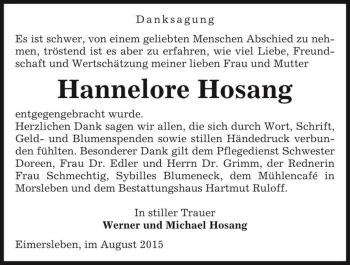 Traueranzeige von Hannelore Hosang  von Magdeburger Volksstimme