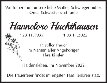 Traueranzeige von Hannelore Huchthausen  von Magdeburger Volksstimme