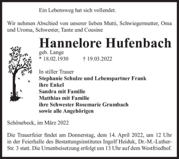 Traueranzeige von Hannelore Hufenbach (geb. Lange)  von Magdeburger Volksstimme