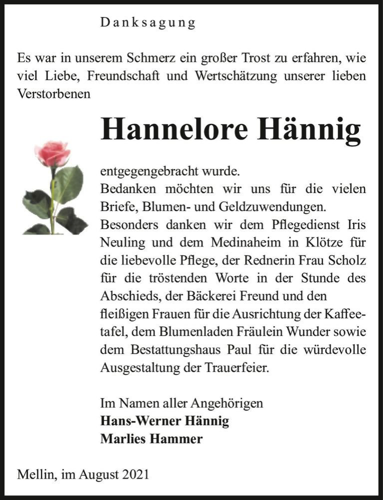  Traueranzeige für Hannelore Hännig  vom 14.08.2021 aus Magdeburger Volksstimme