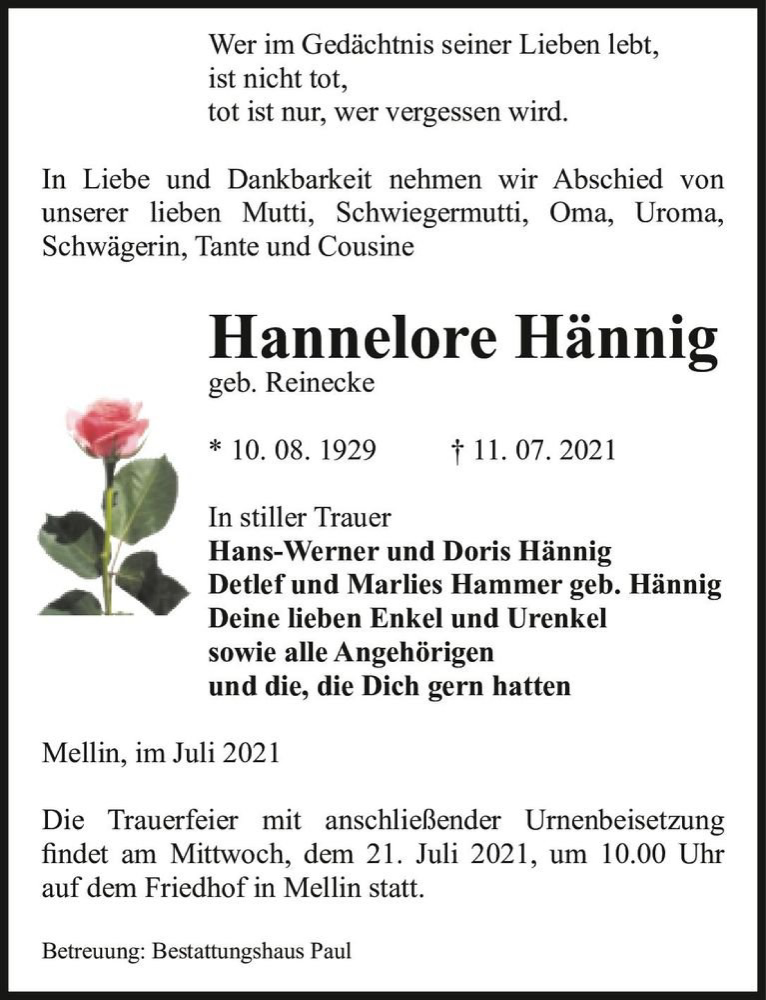  Traueranzeige für Hannelore Hännig (geb. Reinecke)  vom 14.07.2021 aus Magdeburger Volksstimme