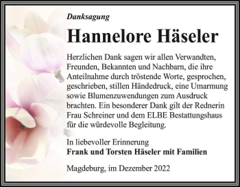 Traueranzeige von Hannelore Häseler  von Magdeburger Volksstimme
