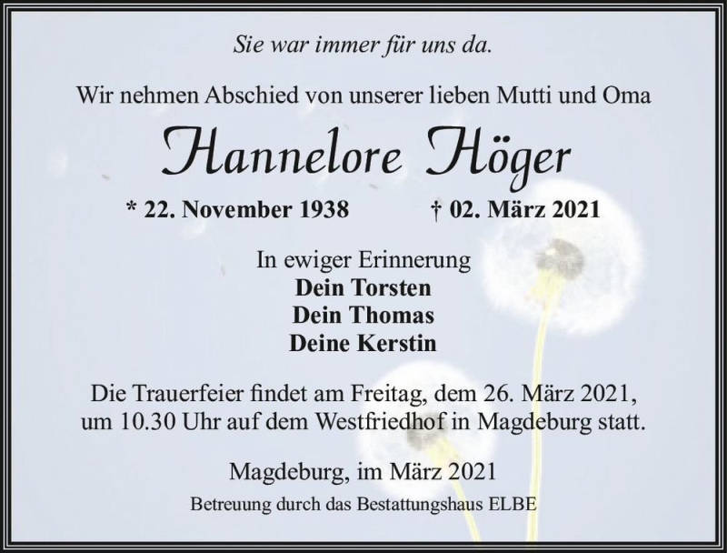  Traueranzeige für Hannelore Höger  vom 20.03.2021 aus Magdeburger Volksstimme