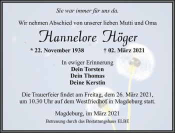 Traueranzeige von Hannelore Höger  von Magdeburger Volksstimme