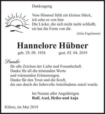 Traueranzeige von Hannelore Hübner  von Magdeburger Volksstimme