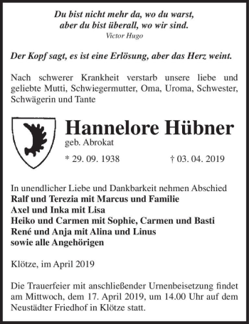 Traueranzeige von Hannelore Hübner (geb. Abrokat)  von Magdeburger Volksstimme