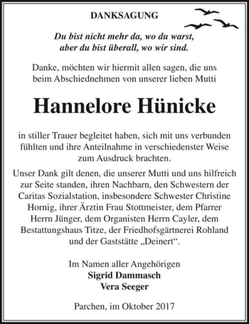 Traueranzeige von Hannelore Hünicke  von Magdeburger Volksstimme