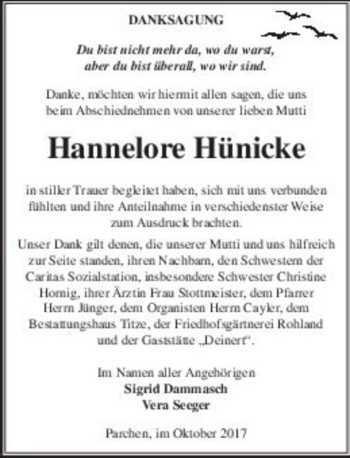 Traueranzeige von Hannelore Hünicke  von Magdeburger Volksstimme