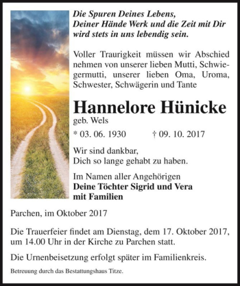Traueranzeige von Hannelore Hünicke (geb. Wels)  von Magdeburger Volksstimme