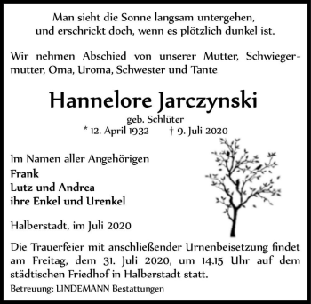 Traueranzeige von Hannelore Jarczynski (geb. Schlüter)  von Magdeburger Volksstimme