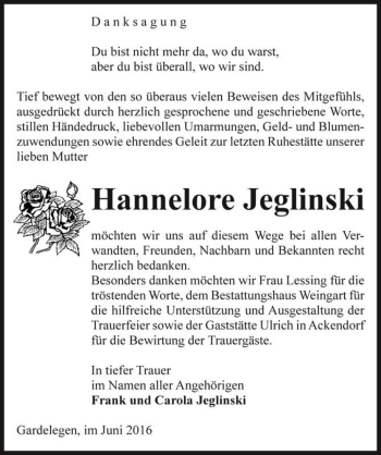 Traueranzeige von Hannelore Jeglinski  von Magdeburger Volksstimme
