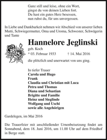 Traueranzeige von Hannelore Jeglinski (geb. Koch)  von Magdeburger Volksstimme