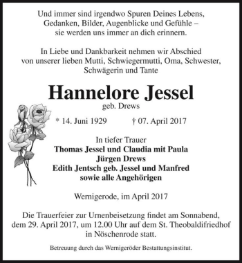 Traueranzeige von Hannelore Jessel (geb. Drews)  von Magdeburger Volksstimme
