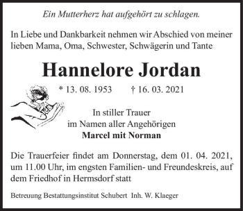 Traueranzeige von Hannelore Jordan  von Magdeburger Volksstimme
