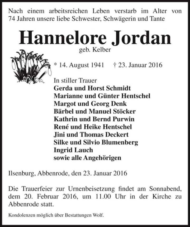  Traueranzeige für Hannelore Jordan (geb. Kelber)  vom 27.01.2016 aus Magdeburger Volksstimme