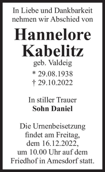 Traueranzeige von Hannelore Kabelitz (geb. Valdeig)  von Magdeburger Volksstimme