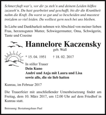 Traueranzeige von Hannelore Kaczensky (geb. Wall)  von Magdeburger Volksstimme