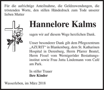Traueranzeige von Hannelore Kalms  von Magdeburger Volksstimme