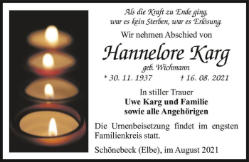 Traueranzeige von Hannelore Karg (geb. Wichmann)  von Magdeburger Volksstimme