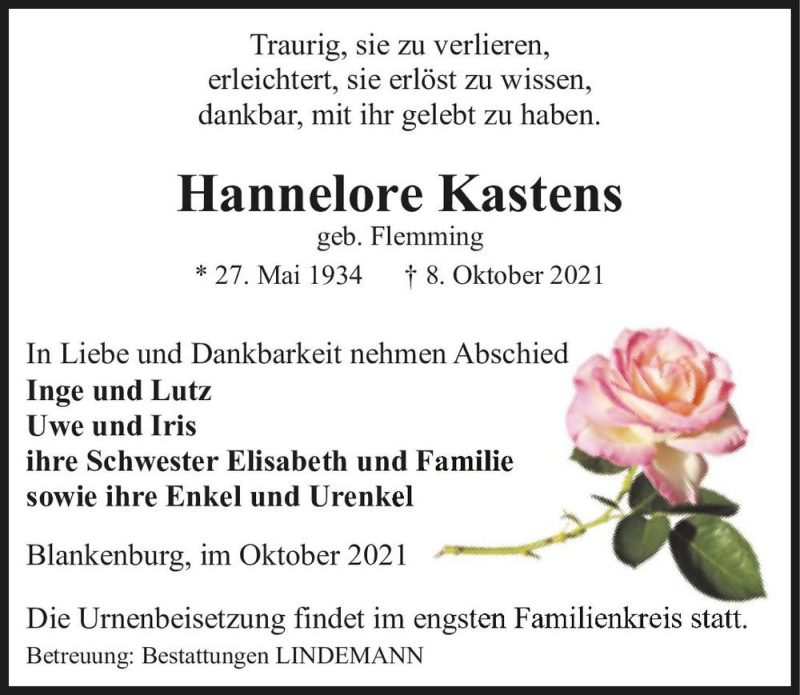  Traueranzeige für Hannelore Kastens (geb. Flemming)  vom 16.10.2021 aus Magdeburger Volksstimme