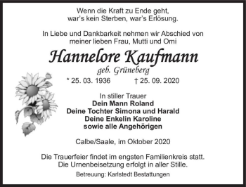 Traueranzeige von Hannelore Kaufmann (geb. Grüneberg)  von Magdeburger Volksstimme
