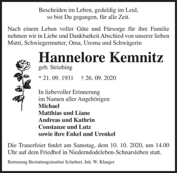 Traueranzeige von Hannelore Kemnitz (geb. Striebing)  von Magdeburger Volksstimme