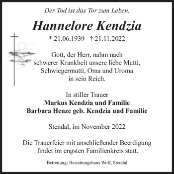 Traueranzeige von Hannelore Kendzia  von Magdeburger Volksstimme