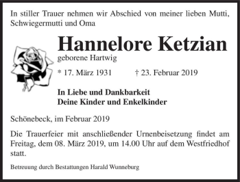 Traueranzeige von Hannelore Ketzian (geb. Hartwig)  von Magdeburger Volksstimme