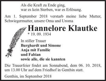 Traueranzeige von Hannelore Klautke  von Magdeburger Volksstimme