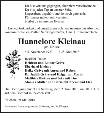 Traueranzeige von Hannelore Kleinau (geb. Krüssel)  von Magdeburger Volksstimme