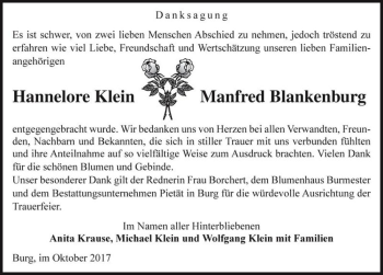 Traueranzeige von Hannelore Klein und Manfred Blankenburg  von Magdeburger Volksstimme
