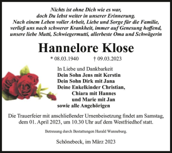Traueranzeige von Hannelore Klose  von Magdeburger Volksstimme