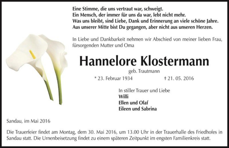  Traueranzeige für Hannelore Klostermann (geb. Trautmann)  vom 24.05.2016 aus Magdeburger Volksstimme