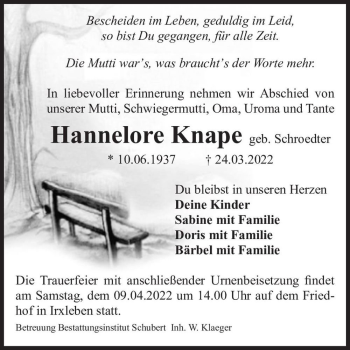 Traueranzeige von Hannelore Knape (geb. Schroedter)  von Magdeburger Volksstimme