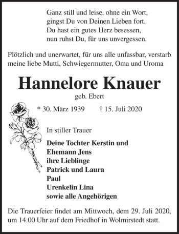 Traueranzeige von Hannelore Knauer (geb. Ebert)  von Magdeburger Volksstimme