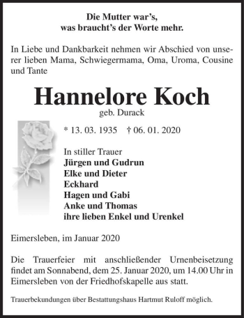 Traueranzeige von Hannelore Koch (geb. Durack)  von Magdeburger Volksstimme