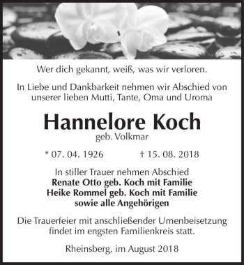 Traueranzeige von Hannelore Koch (geb. Volkmar)  von Magdeburger Volksstimme