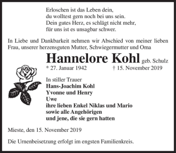 Traueranzeige von Hannelore Kohl (geb. Schulz)  von Magdeburger Volksstimme