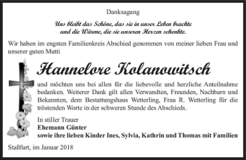 Traueranzeige von Hannelore Kolanowitsch  von Magdeburger Volksstimme