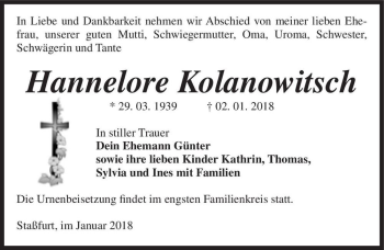 Traueranzeige von Hannelore Kolanowitsch  von Magdeburger Volksstimme