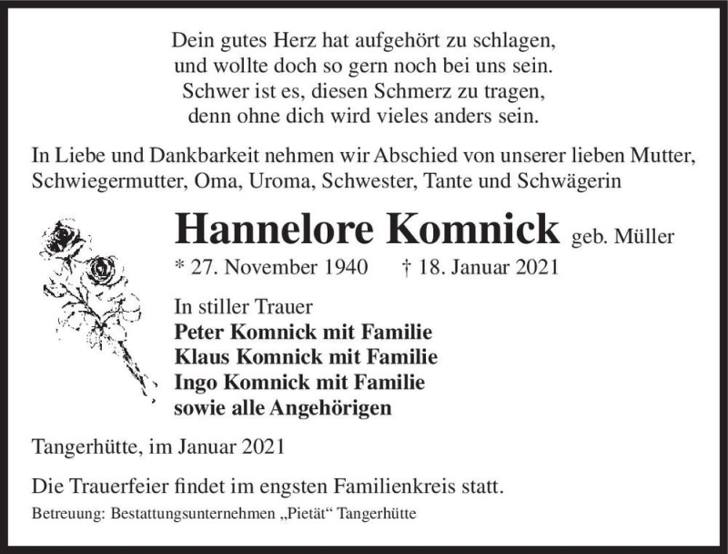  Traueranzeige für Hannelore Komnick (geb. Müller)  vom 23.01.2021 aus Magdeburger Volksstimme