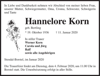Traueranzeige von Hannelore Korn (geb. Bertling)  von Magdeburger Volksstimme