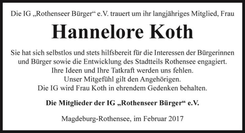  Traueranzeige für Hannelore Koth  vom 04.03.2017 aus Magdeburger Volksstimme
