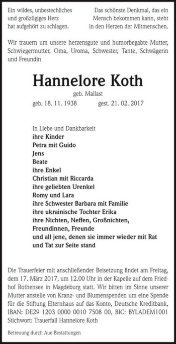 Traueranzeige von Hannelore Koth (geb. Mallast)  von Magdeburger Volksstimme