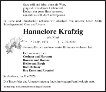 Traueranzeige von Hannelore Krafzig (geb. Klink)  von Magdeburger Volksstimme