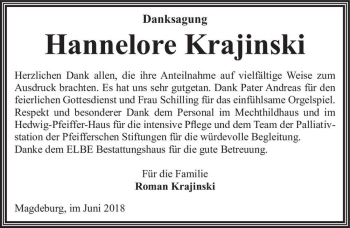 Traueranzeige von Hannelore Krajinski  von Magdeburger Volksstimme