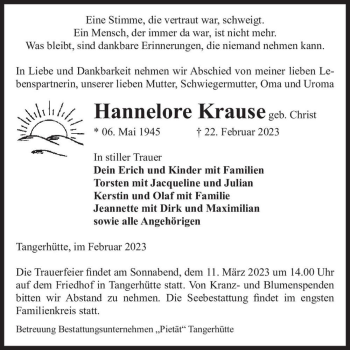 Traueranzeige von Hannelore Krause (geb. Christ)  von Magdeburger Volksstimme