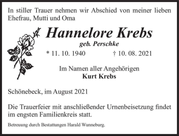 Traueranzeige von Hannelore Krebs (geb. Perschke)  von Magdeburger Volksstimme